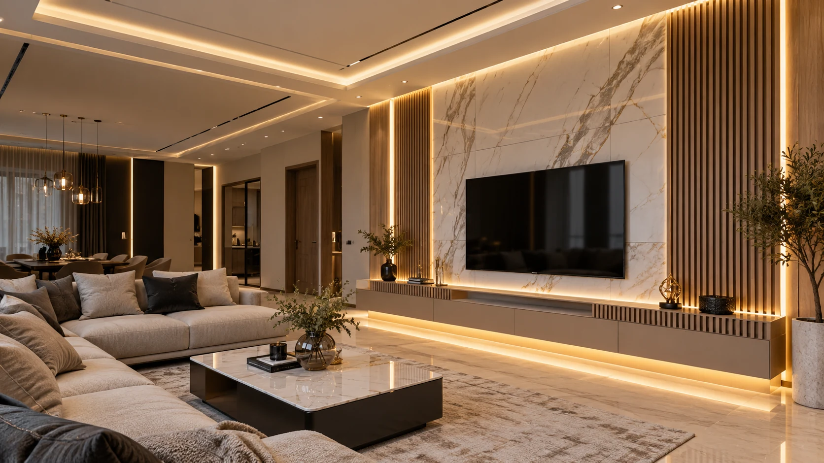 تصميم داخلي عصري لجدار تلفزيون يجمع بديل الرخام وشرائح بديل الخشب وإضاءة مخفية