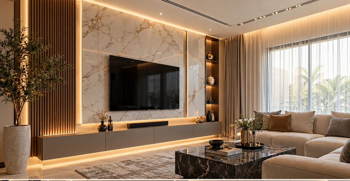 إلهام لتصميم جدار شاشة باستخدام بديل الرخام وشرائح الخشب وإضاءة دافئة