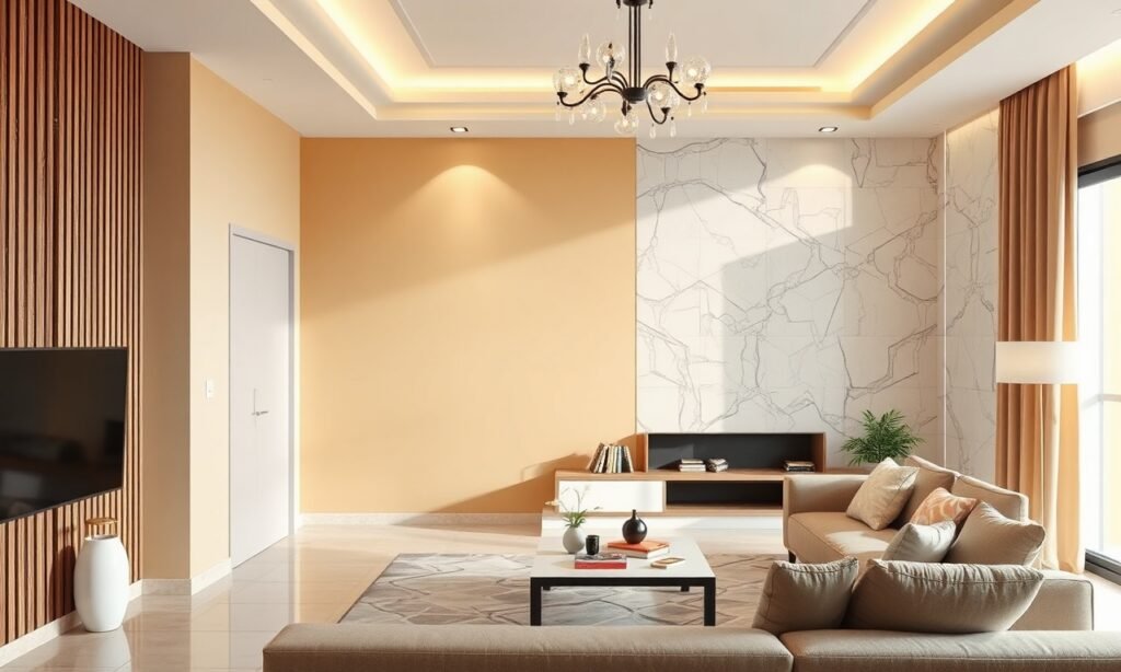 أدوات دهان وعينات ألوان محايدة لاختيار تشطيب الجدران